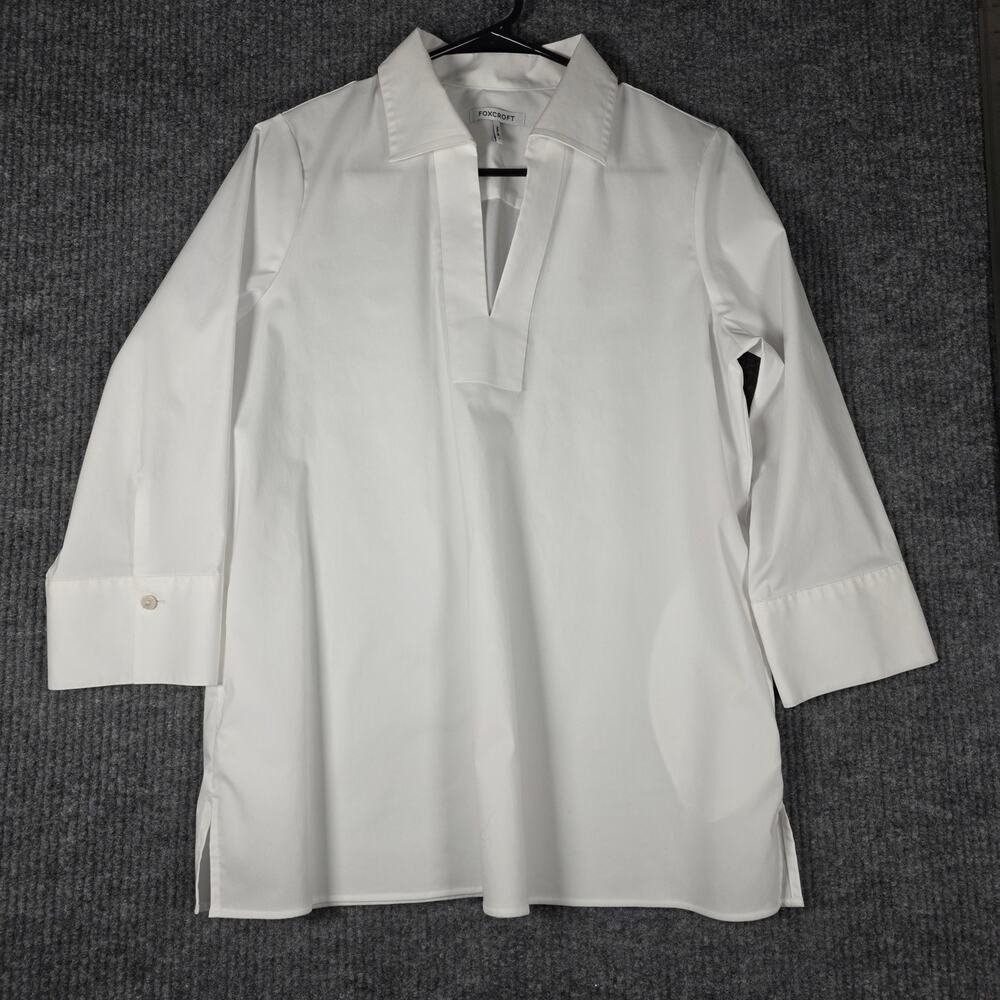 Foxcroft White Popover Tunic Blouse Womens Small 3/4 Sleeve Stretch